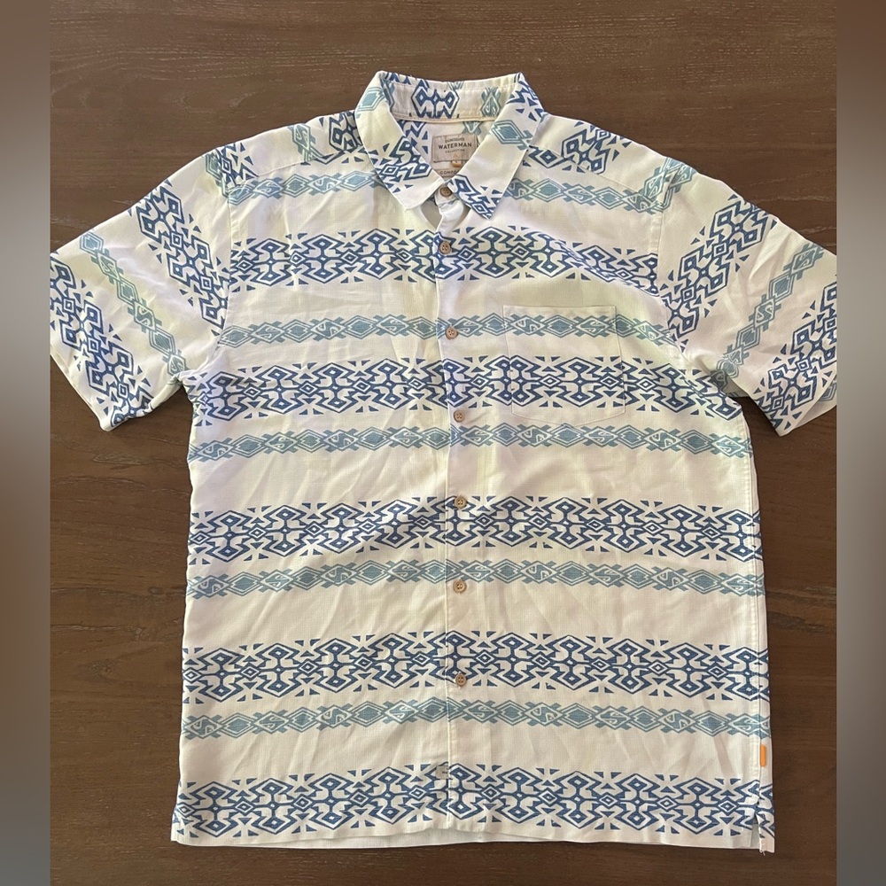 Quiksilver Waterman Hawaiian Shirt Men’s L Tapa Mood Blue White Stripe Woven
